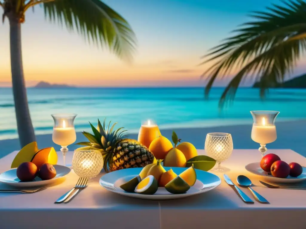 Un banquete de lujo en una playa al atardecer, rodeado de palmeras y un mar turquesa