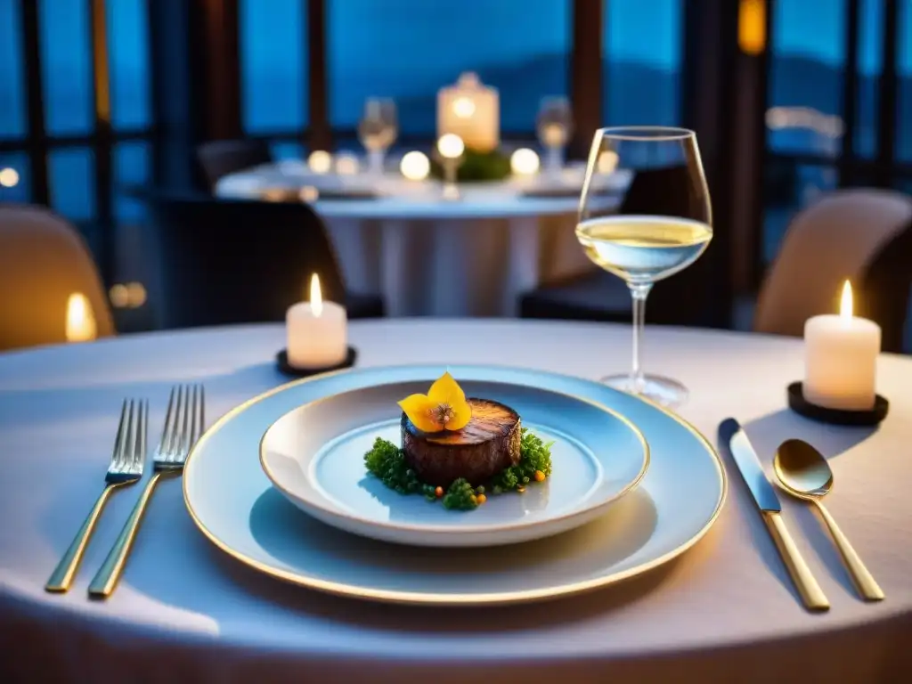 Un banquete de lujo en un restaurante estrella, con exquisitos platos y elegante decoración