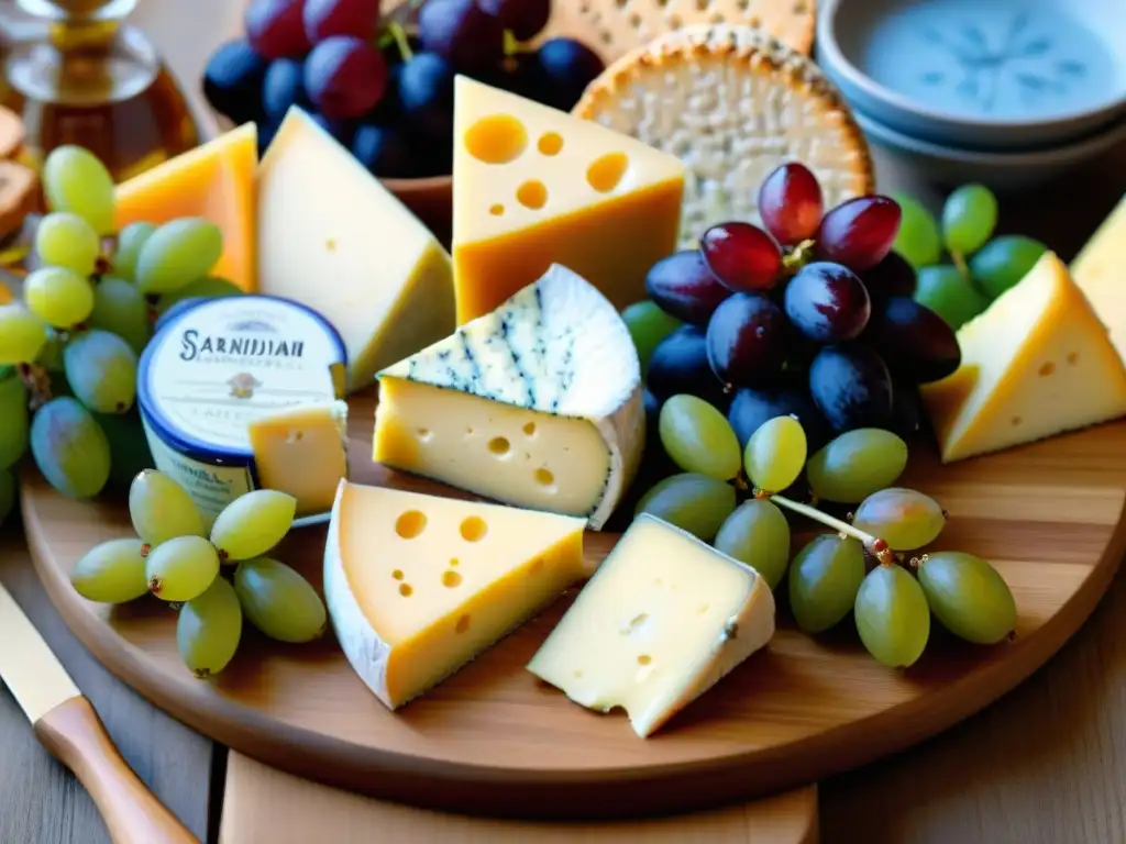 Un banquete de quesos escandinavos gourmet en tabla de madera, con uvas, higos, crackers y miel