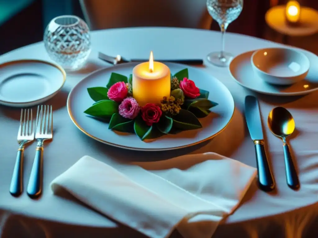 Un banquete visual de lujo con fina vajilla y exquisitos platillos, iluminado suavemente