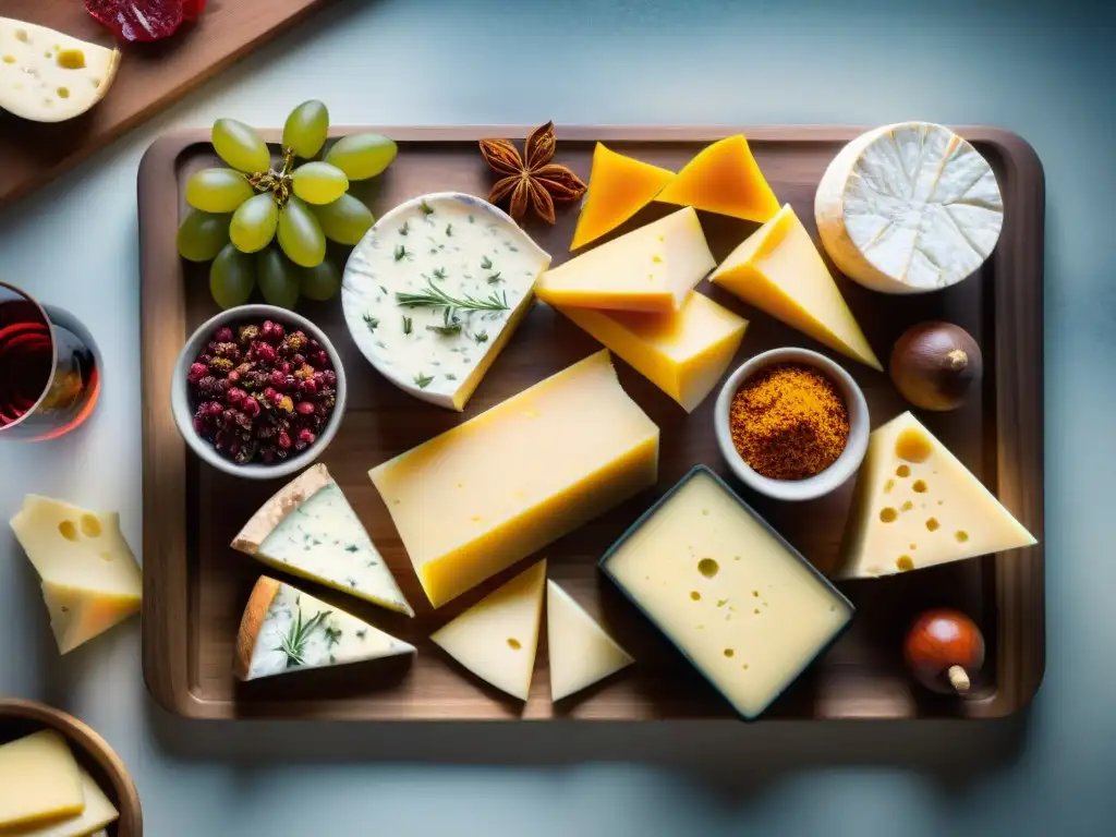 Un banquete visual: maridajes quesos especias vinos exóticos en tabla de madera