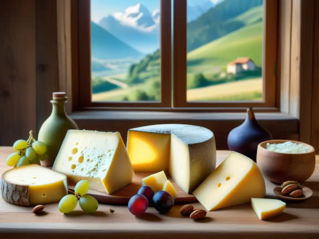 Un banquete visual de quesos de montaña europeos deliciosos en una mesa rústica, acompañados de frutas, nueces y pan artesanal