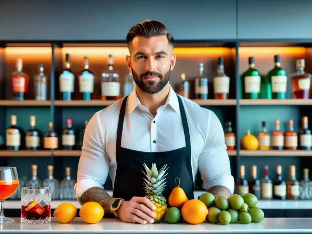 Un bar moderno con frutas frescas y un bartender preparando cocteles innovadores