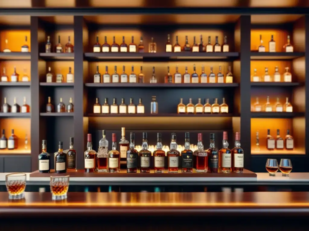 Un bar de whisky lujoso y exclusivo con botellas raras y caras