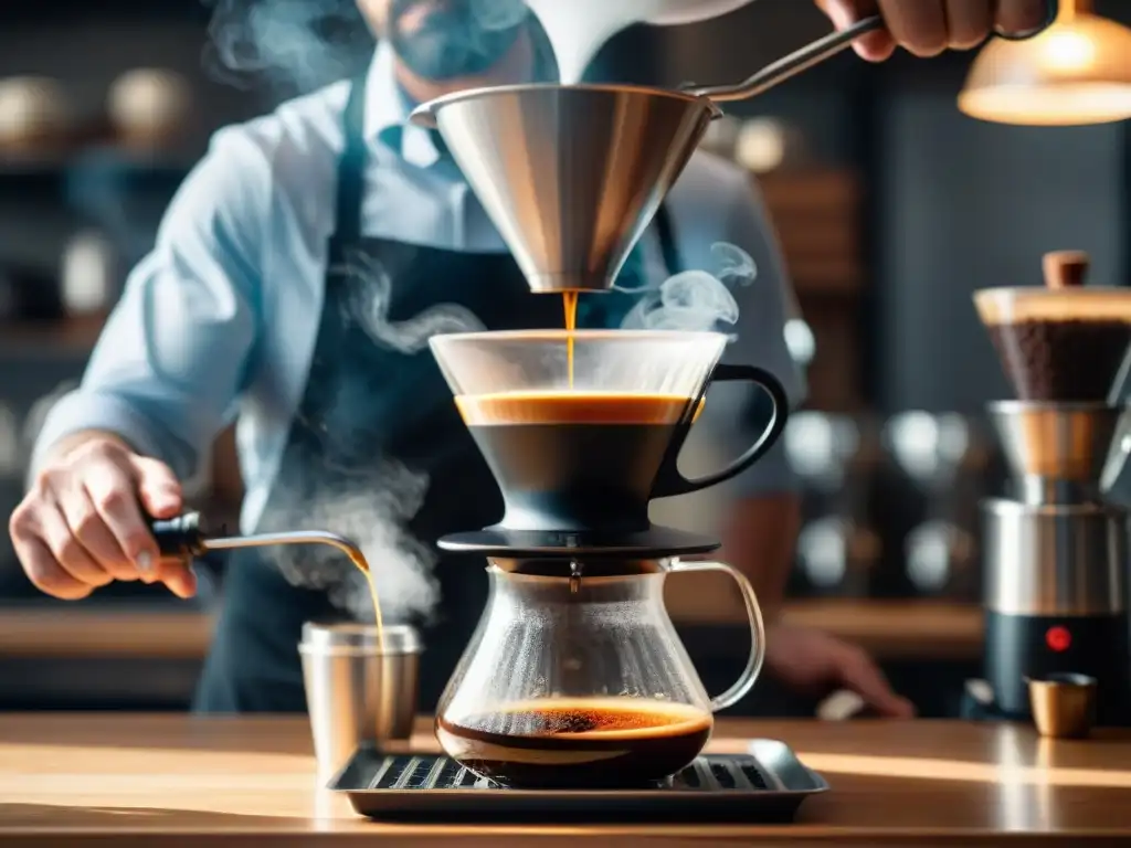 Barista vierte agua caliente sobre café molido en V60, efectos temperatura sabor café