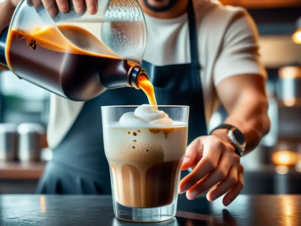 Un barista vierte café cremoso en un vaso helado, con gotas de condensación, en un café acogedor