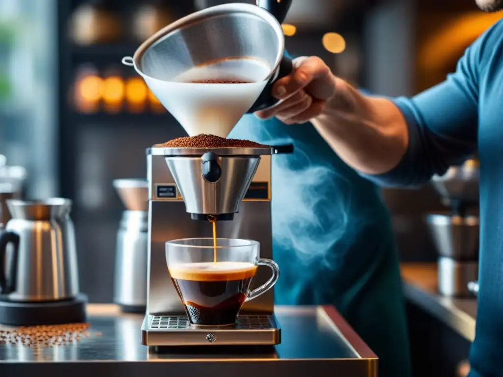 Barista preparando café en V60, detalle del café floreciendo bajo el agua caliente en una cafetería moderna