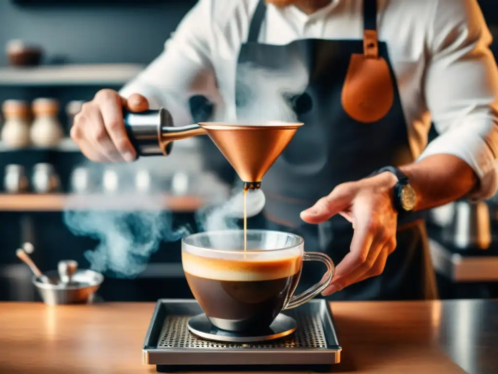 Un barista concentrado vierte agua caliente sobre café molido en un dripper de cerámica, creando un café gourmet de alta calidad