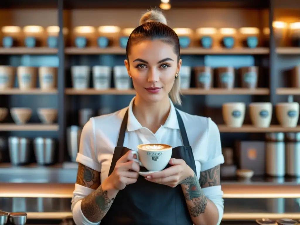 Una barista experta con tatuajes elaborados, sirve café en una cafetería moderna