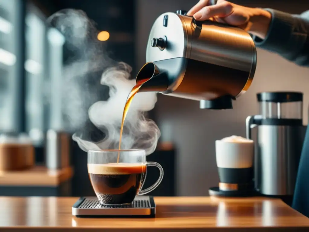 Un barista experto vierte agua caliente sobre café molido en una cafetera goteo