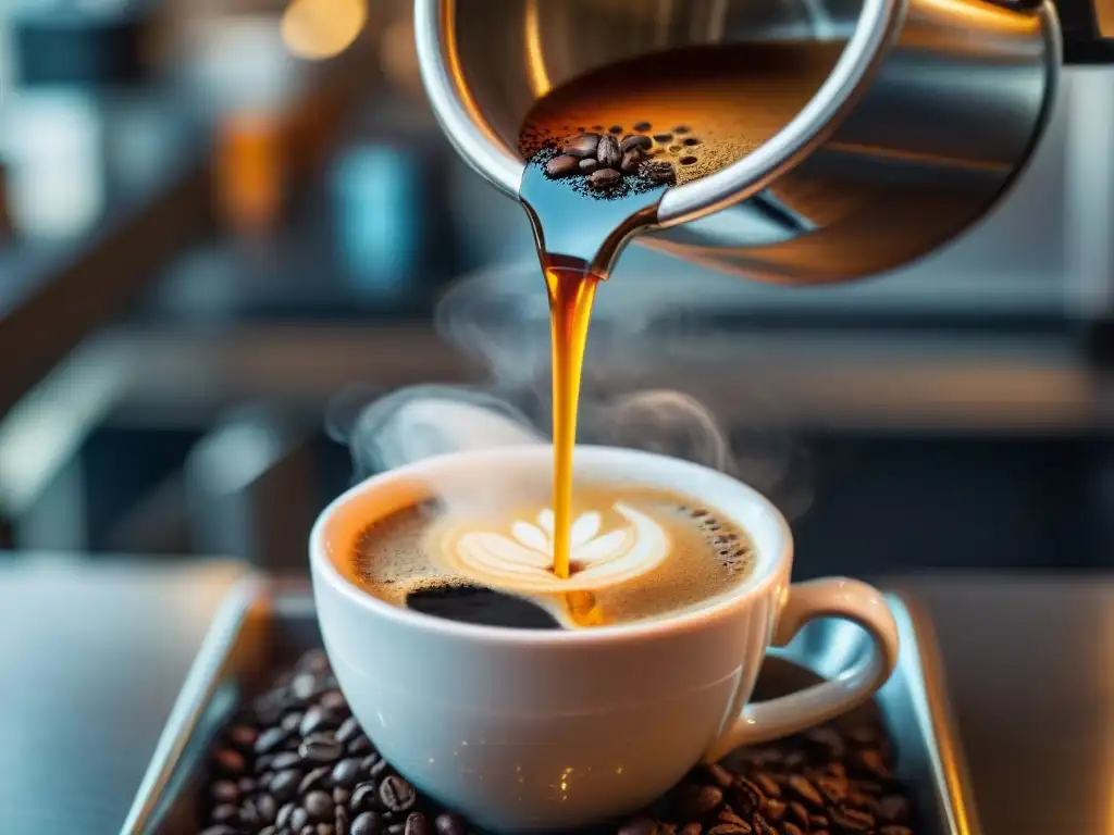 Un barista experto vierte agua caliente sobre granos de café recién molidos en un goteador, mostrando la precisión y arte del café de goteo