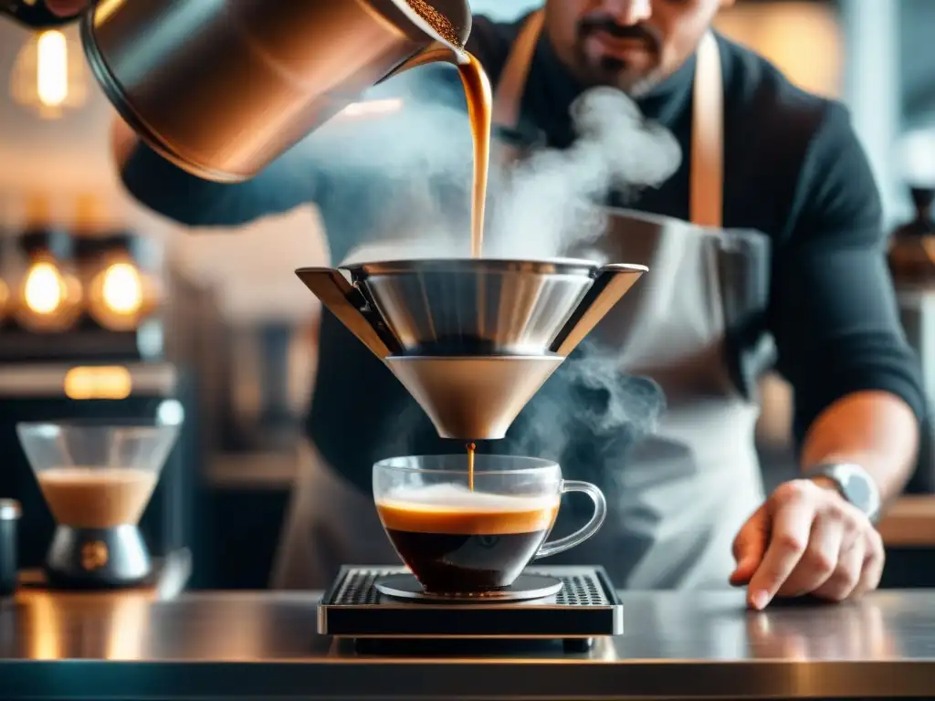 Un barista experto vierte agua caliente en café molido en un dripper Hario V60 en una escena de café minimalista