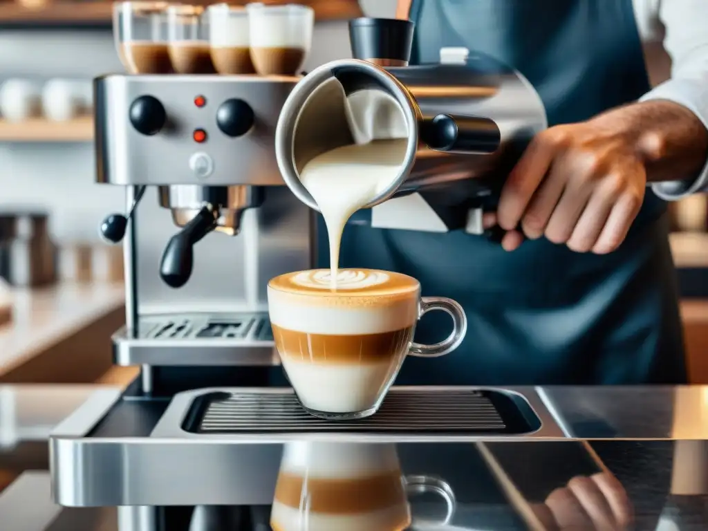 Un barista experto crea arte en un café de especialidad con leche vaporizada y espresso, mostrando los secretos del café gourmet