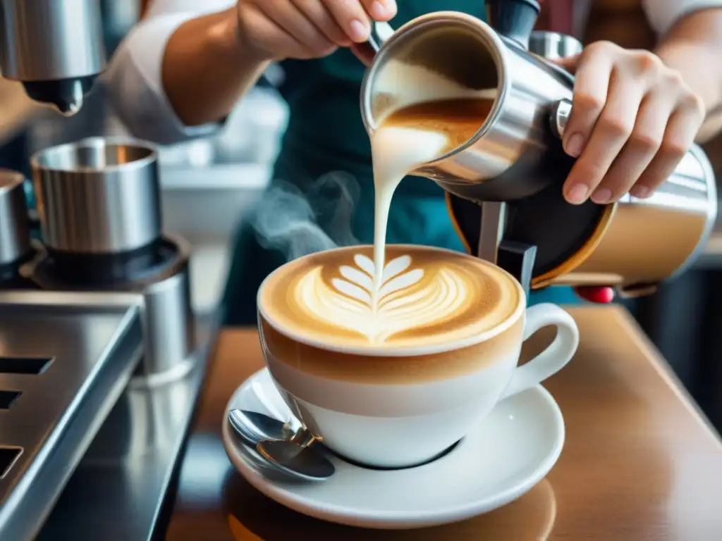 Un barista experto creando arte latte en un cappuccino, con métodos de preparación del café en una cafetería animada