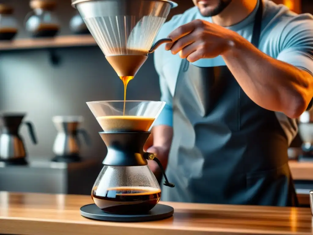 Un barista experto preparando café en Chemex con destreza y precisión