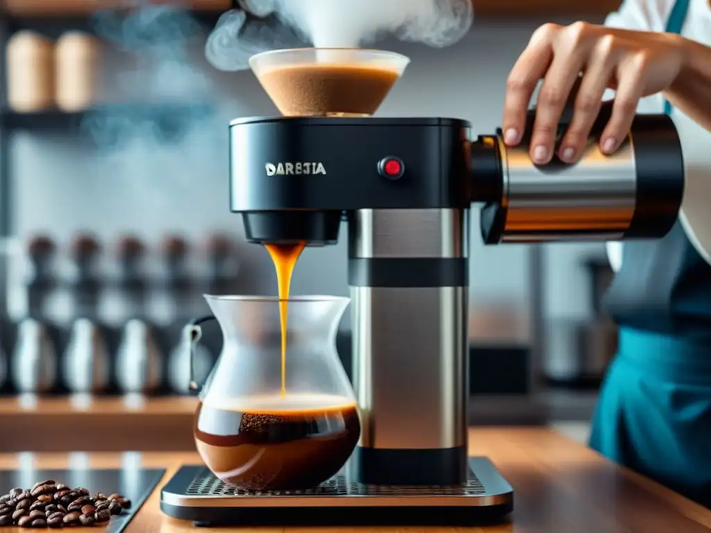 Un barista experto elabora café de goteo, mostrando la extracción del café en detalle fotorealista