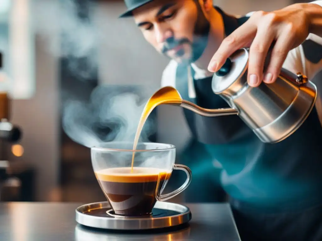 Un barista experto prepara café por goteo con precisión, destacando la técnica