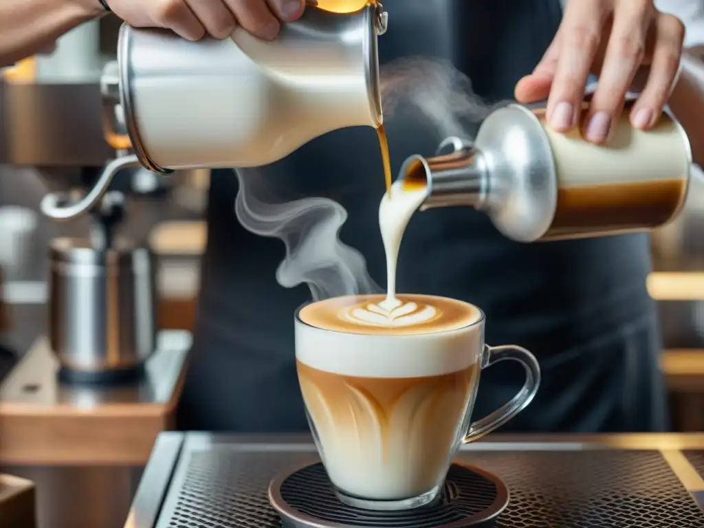 Un barista experto prepara un café de origen único con destreza, creando una exquisita mezcla de crema y leche en un vaso transparente