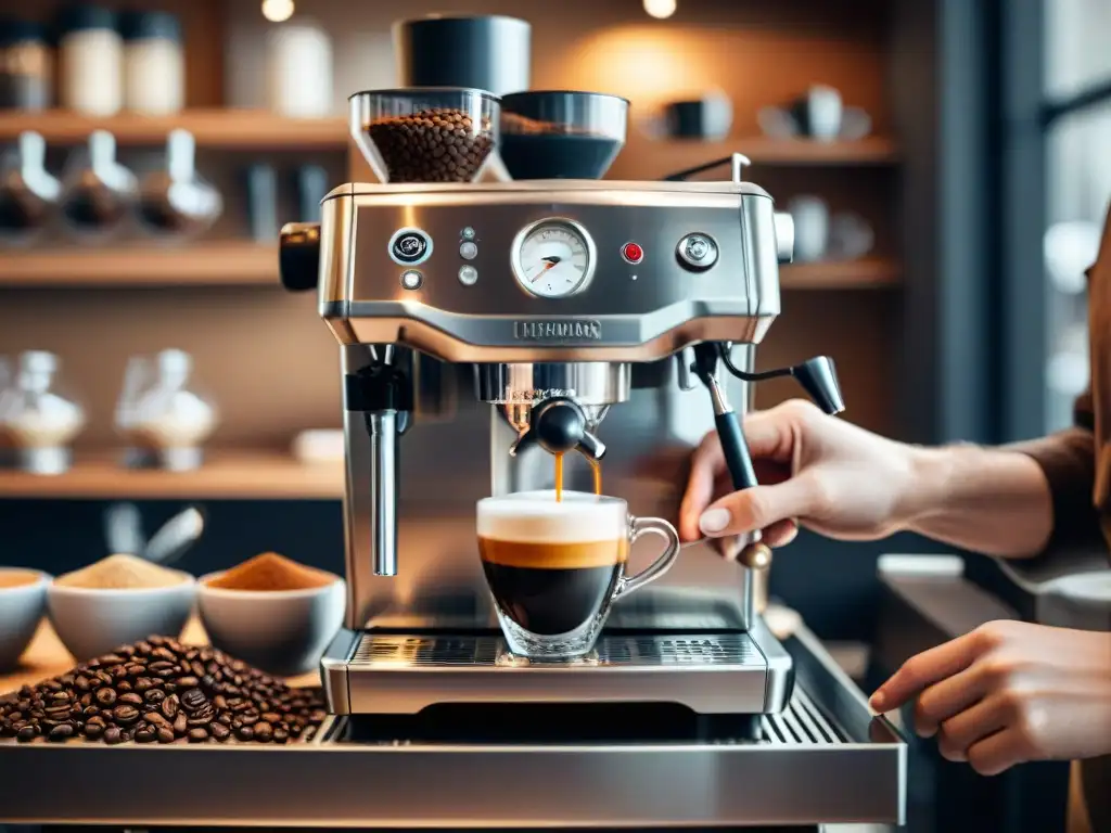 Maestro del café: preparando el espresso perfecto con destreza Un barista experto preparando café, con vapor y gran detalle