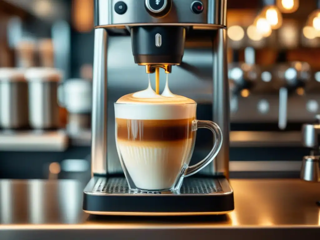 Un barista experto superando desafíos en el arte del café, creando latte art en una elegante taza de vidrio