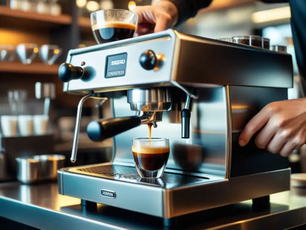 Un barista experto preparando un espresso gourmet en una máquina de alta gama, destacando la crema y variedad de granos de café