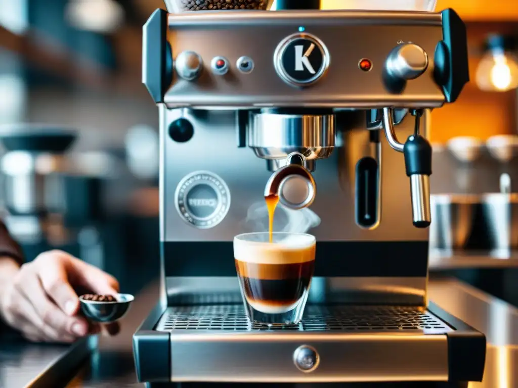 Un barista experto prepara un espresso perfecto en una cafetería elegante