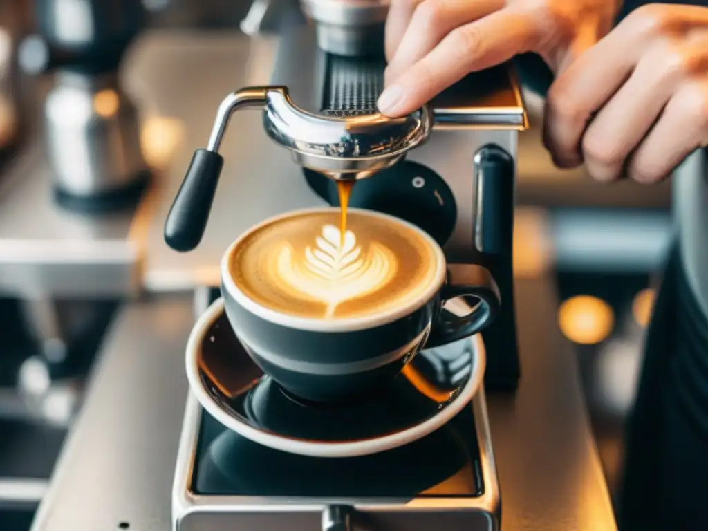 Un barista experto extrayendo un espresso perfecto, con crema abundante y vapor envolvente