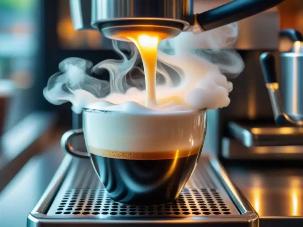 Barista experto crea espuma perfecta para cafés gourmet en cafetería elegante y acogedora