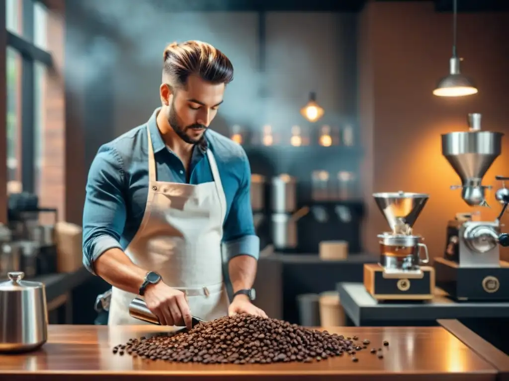 Barista experto inspecciona grano de café recién tostado en tostador moderno