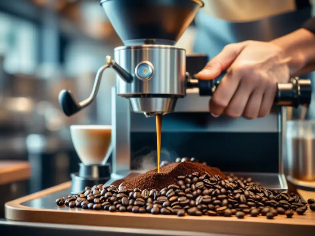 Un barista experto muele granos de café fresco con precisión, revelando los secretos de la calidad en espresso