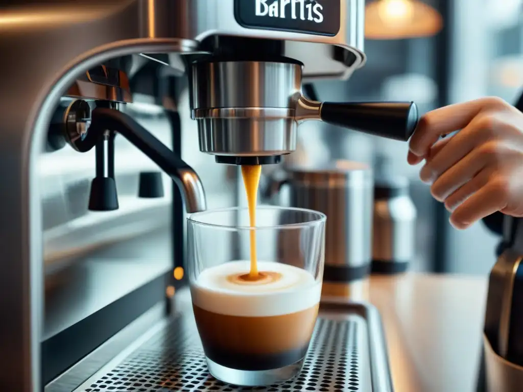 Un barista experto vaporizando leche para cafés especiales en una cafetería animada