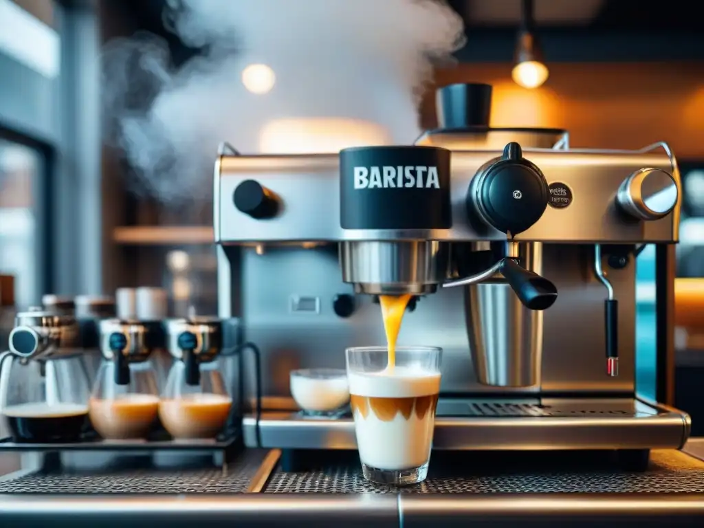 Barista experto vaporizando leche para cafés especiales en variedad de texturas: entera, almendra, soja y avena