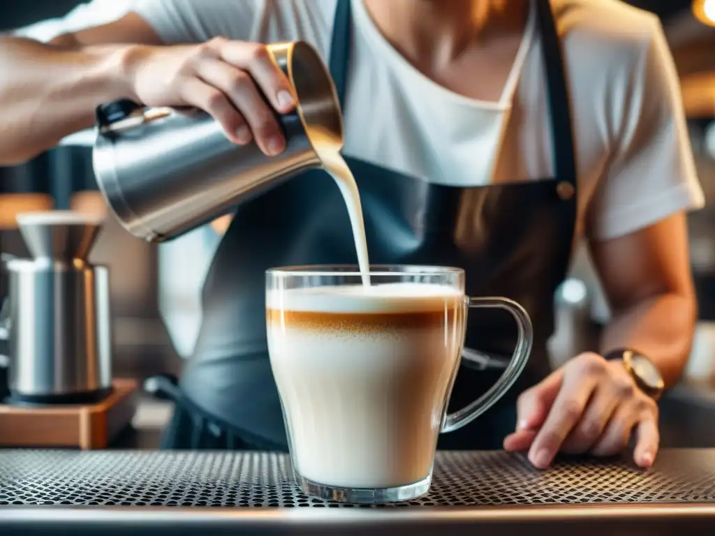 Un barista experto vaporizando leche para cafés especiales en una cafetería elegante