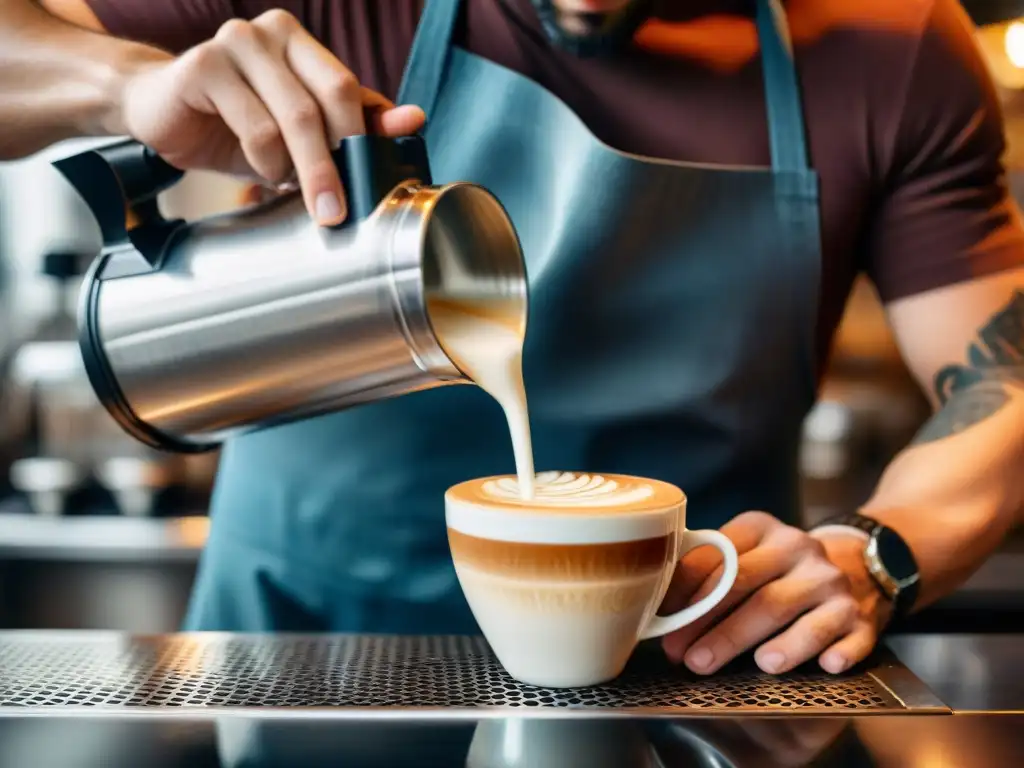 Barista experto vertiendo leche en café especialidad, pioneros café especialidad revolución