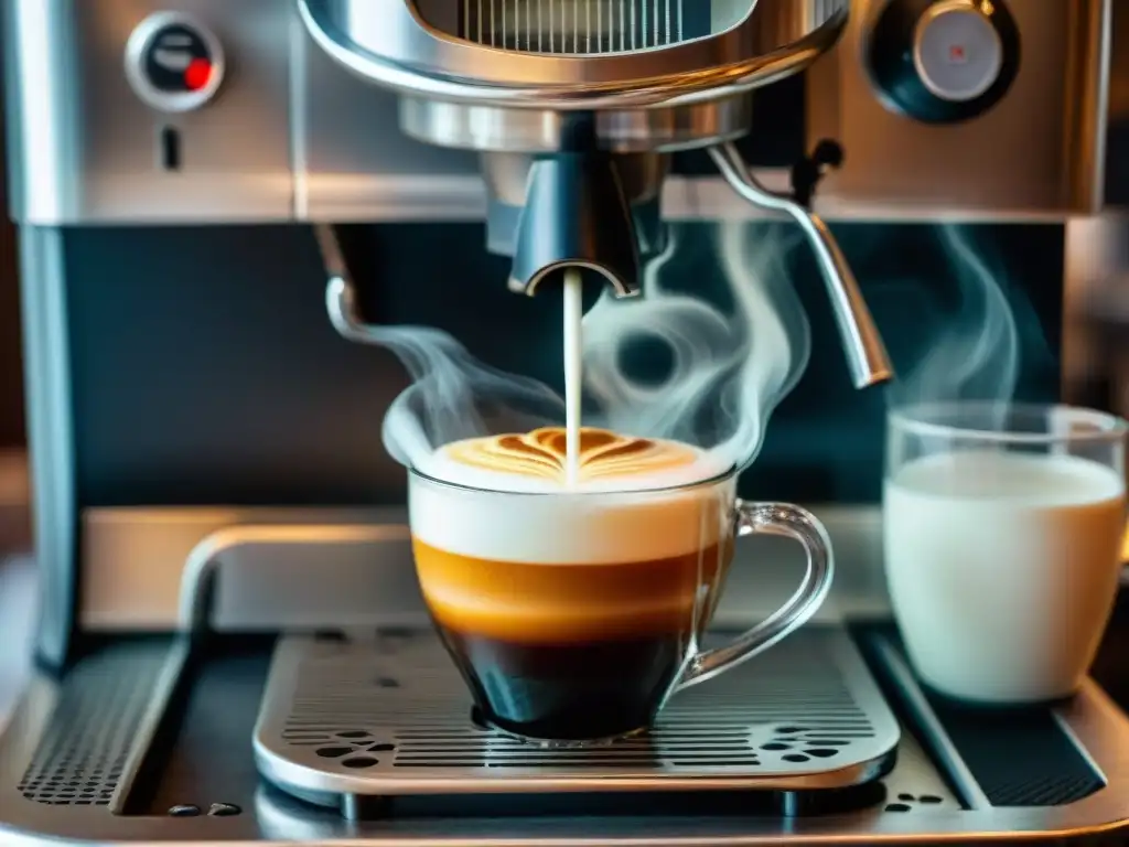 Un barista experto vierte leche en un espresso, creando arte latte de tulipán en una cafetería histórica