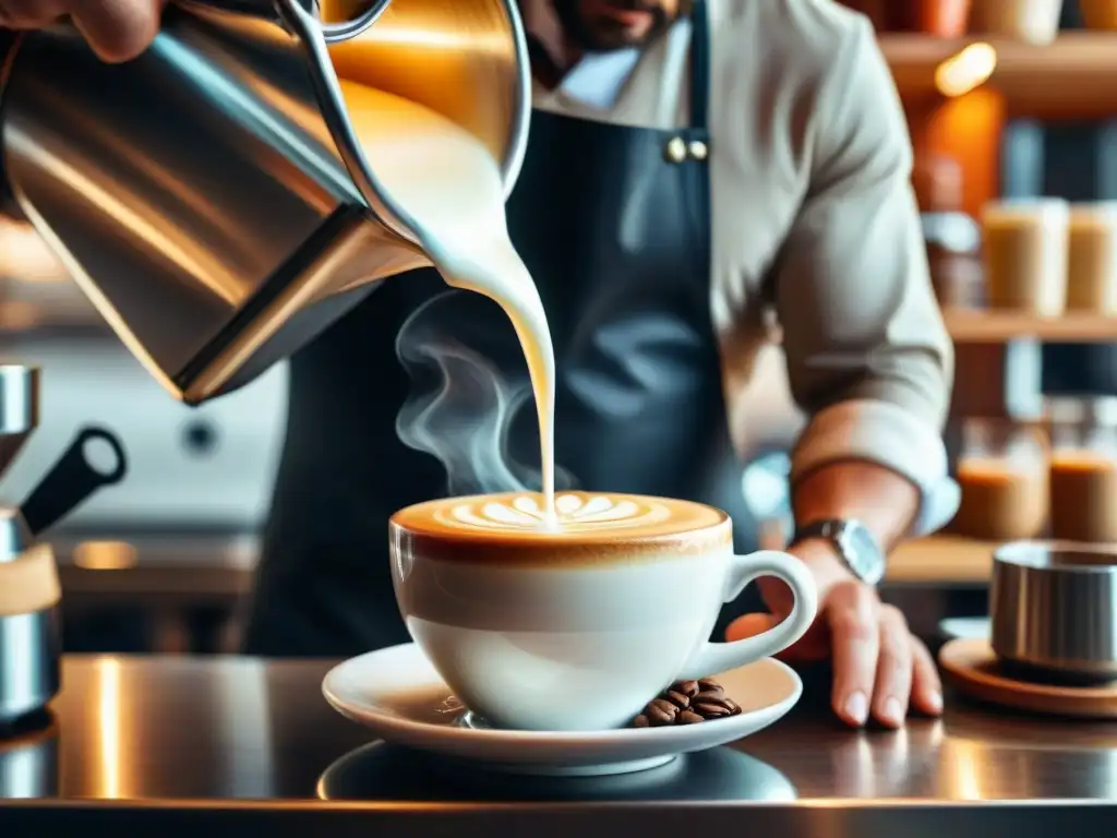 Un barista experto vierte leche en una taza de café, mostrando el arte y precisión del catado de café método preparación