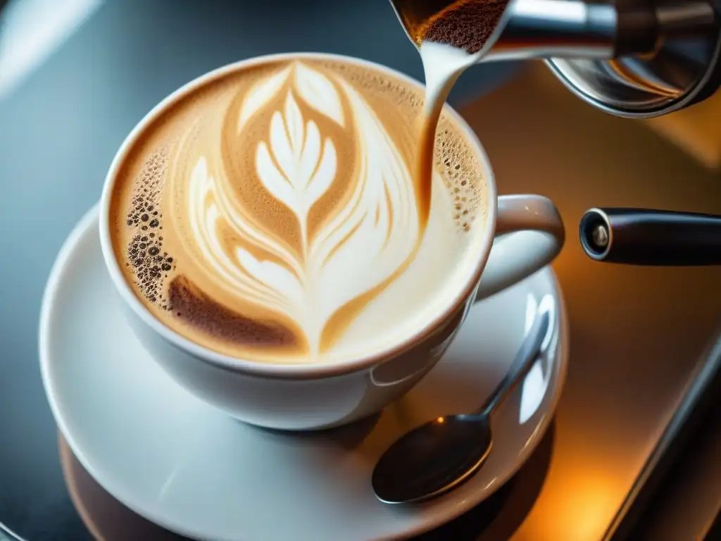 Un barista experto vierte leche vaporizada en un espresso, creando arte latte de tulipán