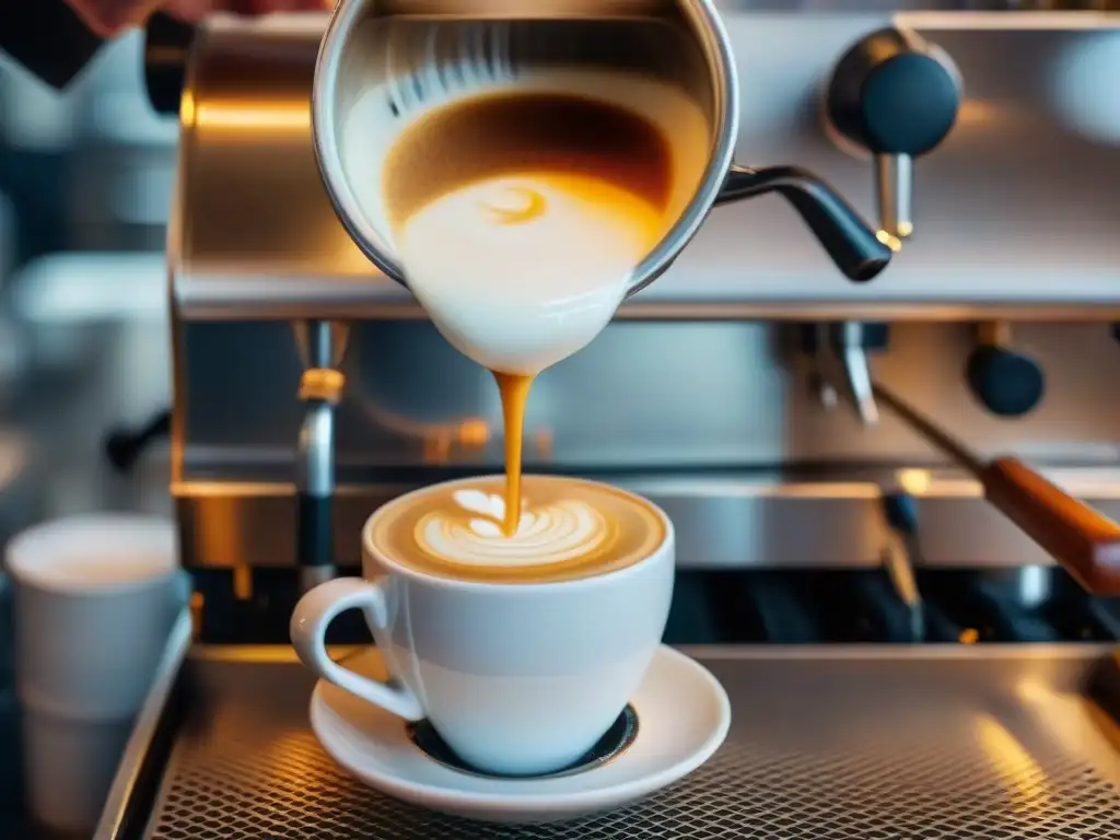 Un barista experto vierte leche vaporizada en un espresso, creando una espiral de crema y microespuma en una taza blanca