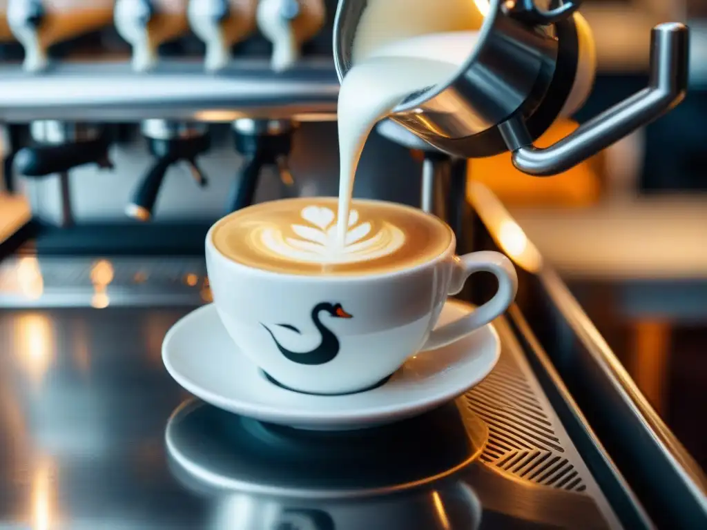 Un barista experto vierte leche vaporizada en un espresso, creando arte latte de un cisne