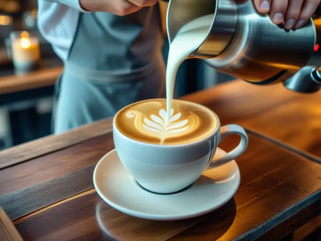 Un barista experto vierte leche vaporizada en un café latte, creando arte latte de una flor en una taza blanca sobre mesa de madera