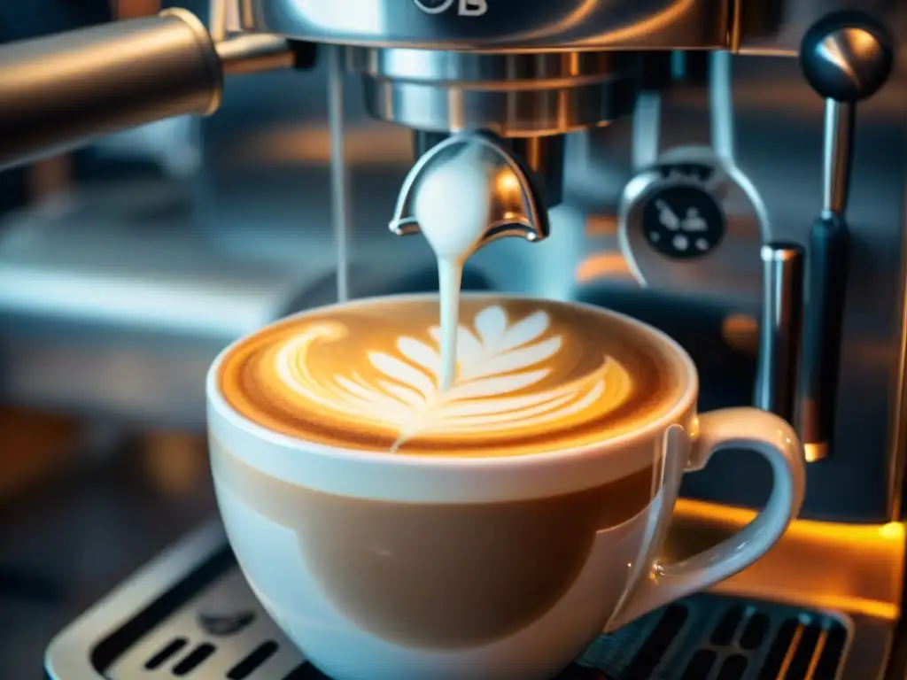 Un barista experto vertiendo leche vaporizada en un espresso para crear arte latte