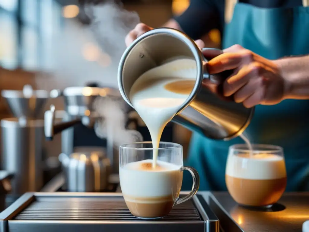 Un barista experto crea leche vaporizada para cafés especiales, mostrando técnica y pasión