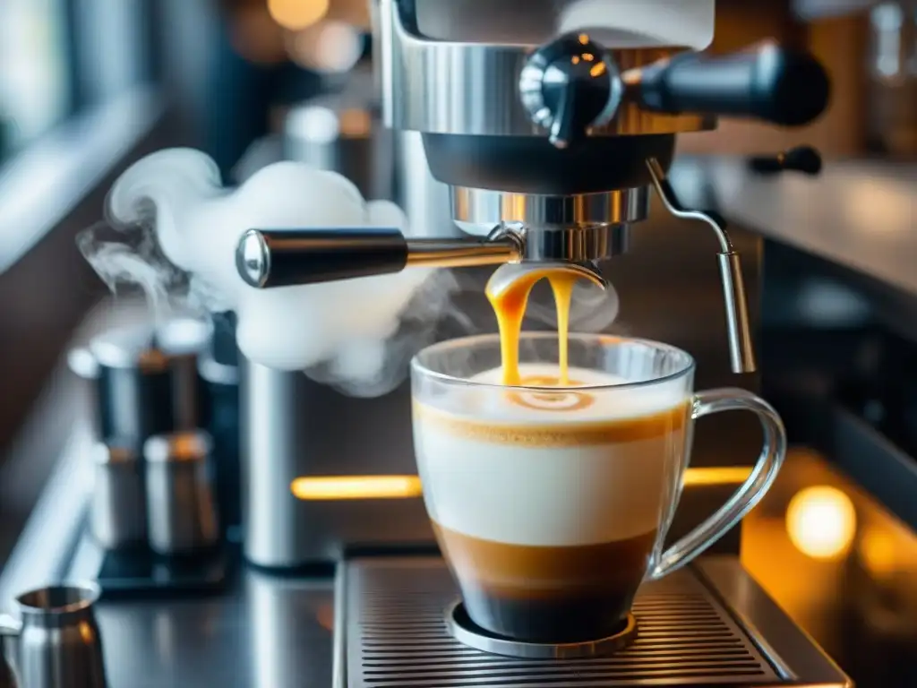 Un barista experto creando microespuma en leche vaporizada para cafés especiales, frente a una moderna máquina de espresso