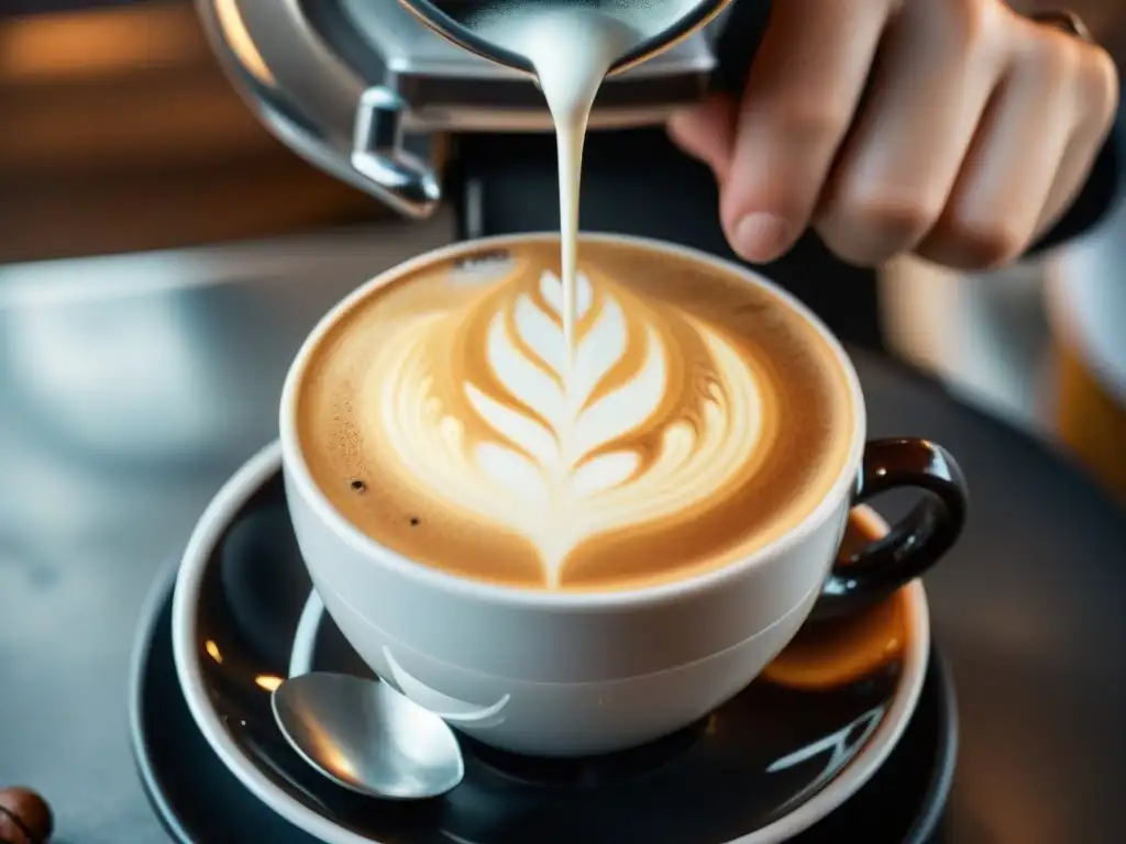 Un barista experto crea una obra de arte en un café latte, destacando la preparación del café gourmet