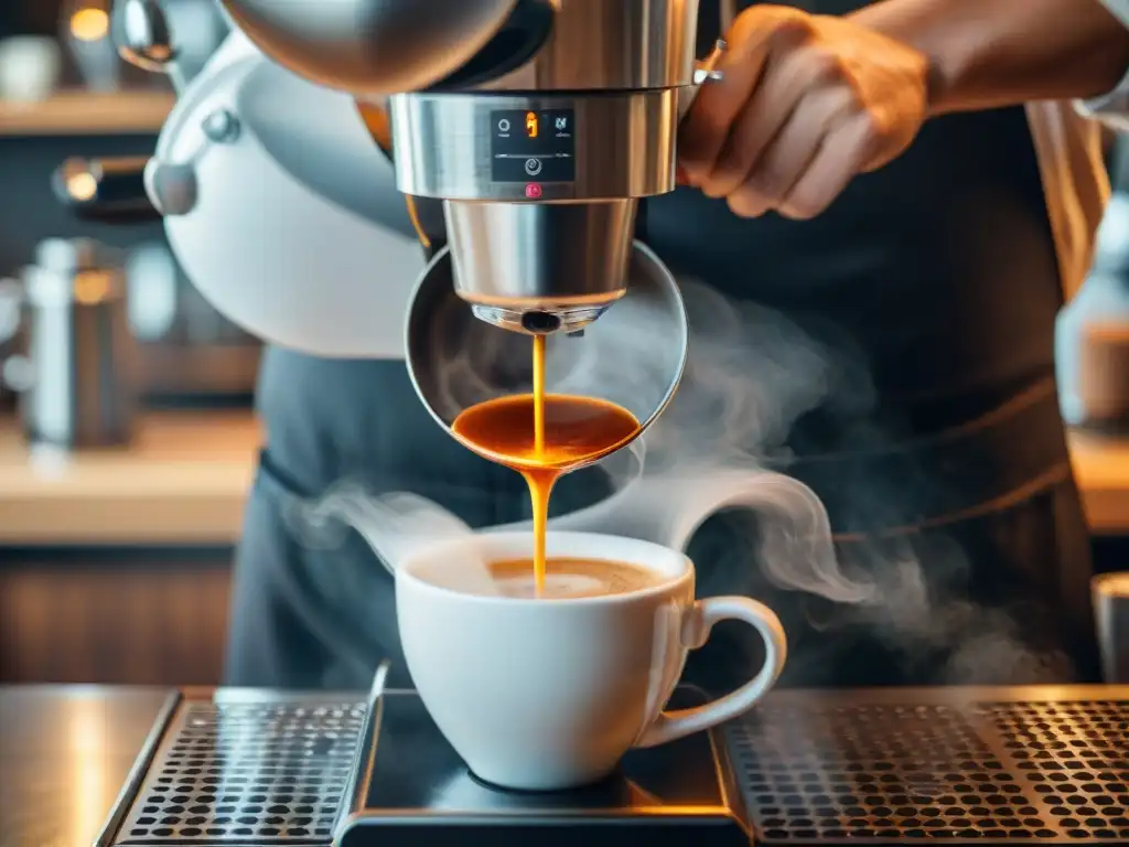 Un barista experto vertiendo con precisión agua caliente sobre café recién molido en una cafetera de goteo