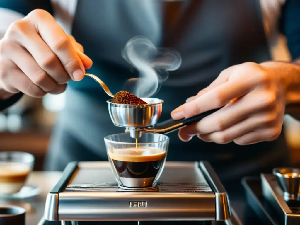 Un barista experto aplica la presión exacta al café molido en un portafiltro, resaltando la importancia de la presión en el sabor del espresso