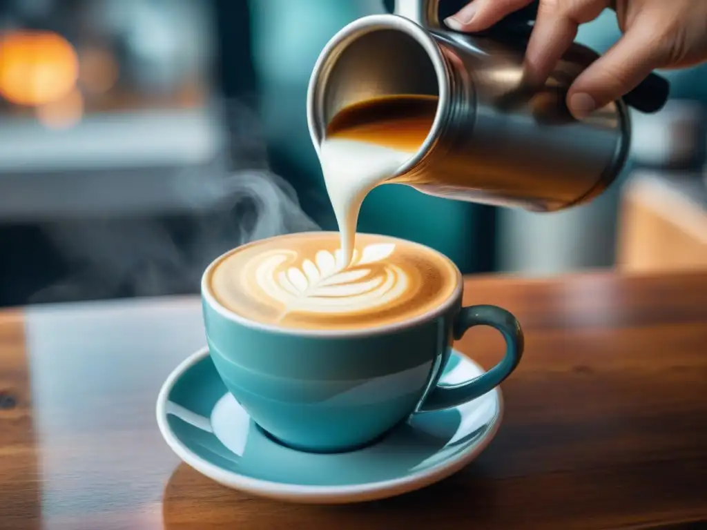 Un barista experto crea una rosa en un café de lujo