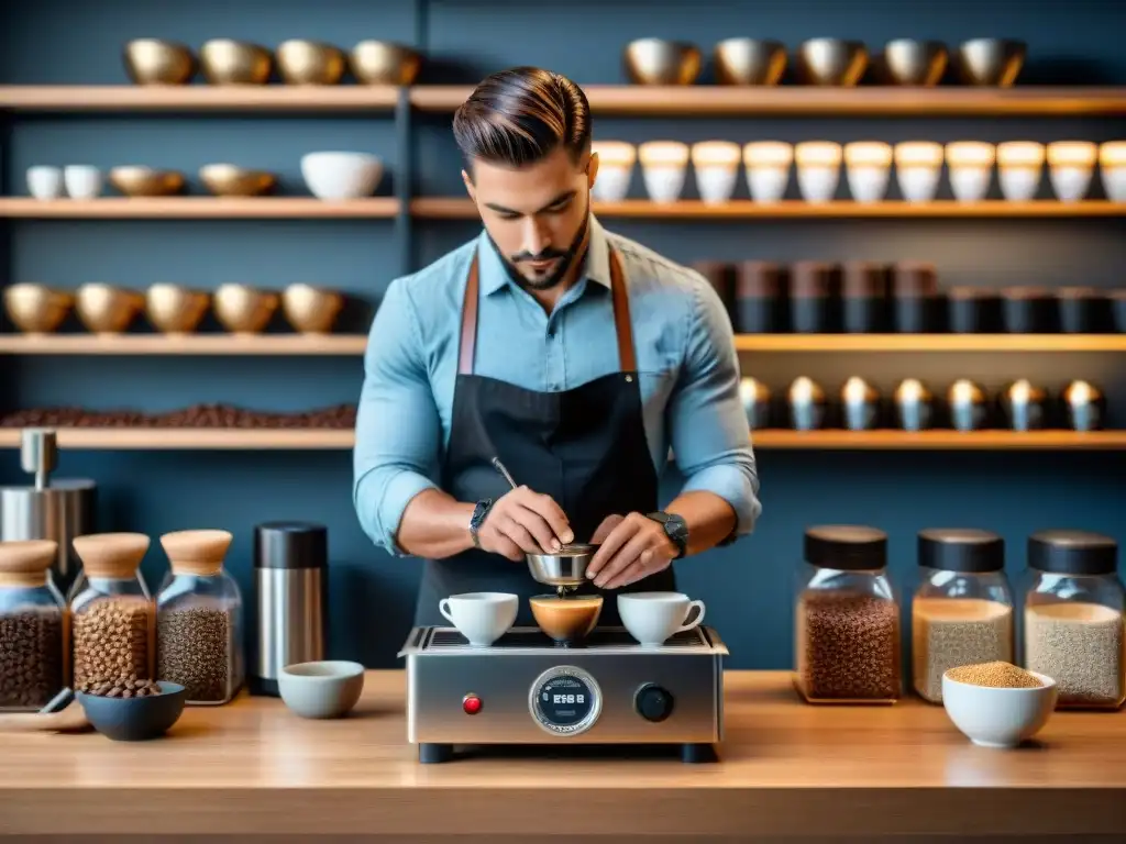 Barista midiendo granos de café con precisión en una escena detallada