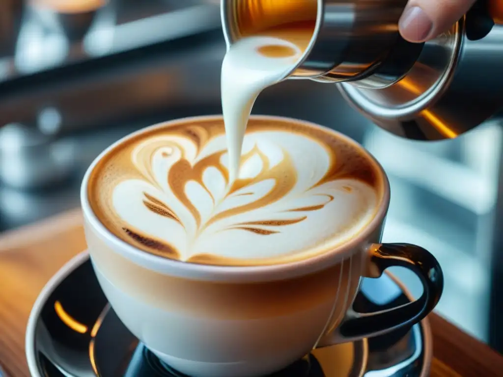 Un barista creando un latte artístico de una rosa en un espresso con vapor de leche, demostrando la habilidad y arte en la creación