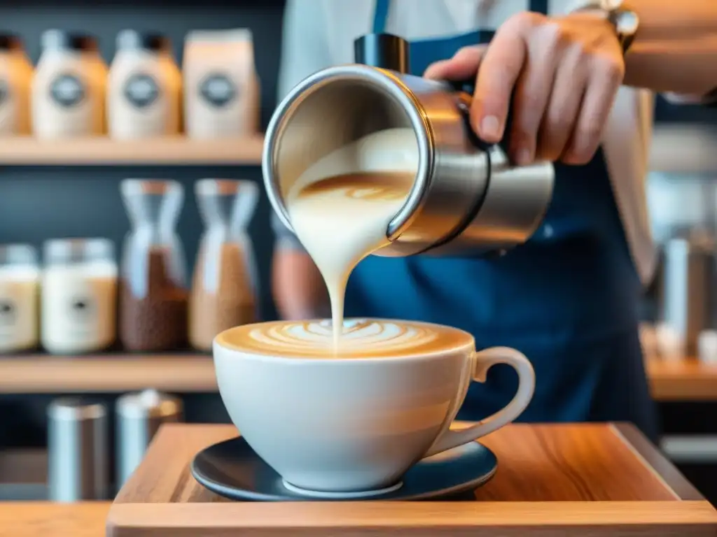 Un barista vierte leche en un café con arte latte, en una cafetería moderna